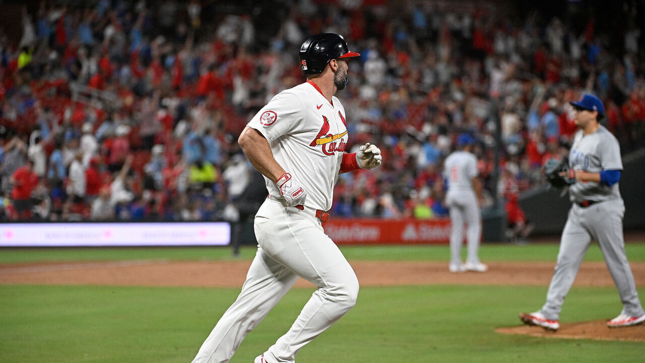 ST LOUIS, MISSOURI - MAY 26: Paul Goldschmidt #46 of the St. Louis Cardinals watches his two-run home run against the Chicago Cubs in the third inning at Busch Stadium on May 26, 2024 in St Louis, Missouri.