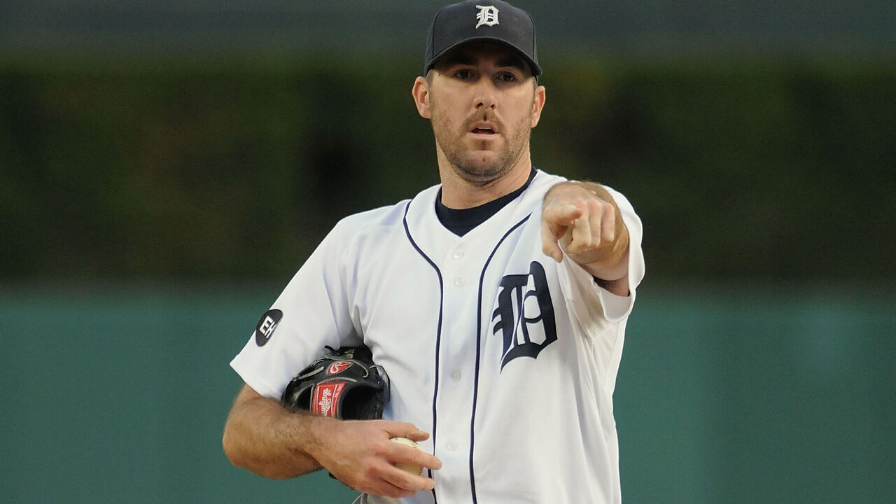 DETROIT - SEPTEMBER 24: Justin Verlander #35 of the Detroit Tigers looks on during the game against the Minnesota Twins at Comerica Park on September 24, 2010 in Detroit, Michigan. The Tigers defeated the Twins 10-1.