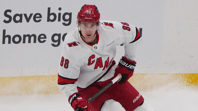 ELMONT, NY - APRIL 25: Carolina Hurricanes Center Martin Necas (88) controls the puck during the first period of the National Hockey League Eastern Conference First Round Game 3 between the Carolina Hurricanes and the New York Islanders on April 25, 2024, at UBS Arena in Elmont, NY.