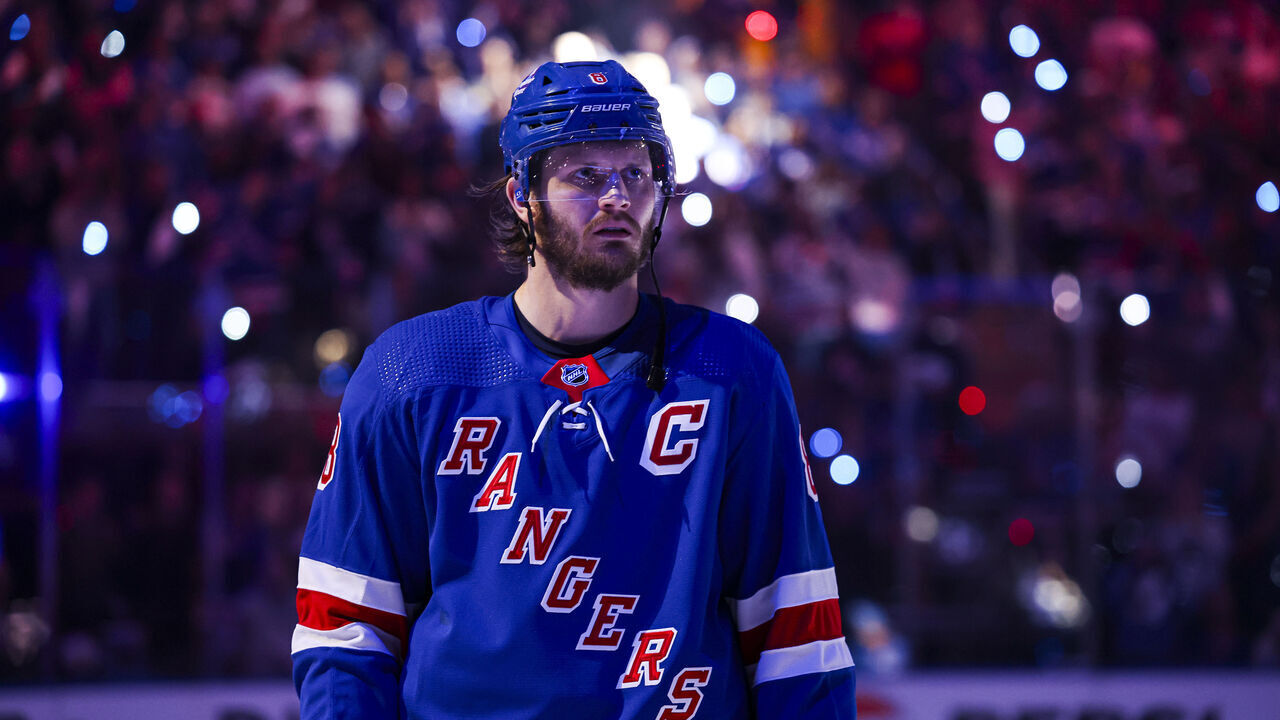 NEW YORK, NEW YORK - MAY 22: Jacob Trouba #8 of the New York Rangers during the anthem prior to the game against the Florida Panthers in Game One of the Eastern Conference Final of the 2024 Stanley Cup Playoffs at Madison Square Garden on May 22, 2024 in New York City.