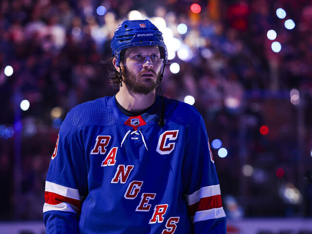 NEW YORK, NEW YORK - MAY 22: Jacob Trouba #8 of the New York Rangers during the anthem prior to the game against the Florida Panthers in Game One of the Eastern Conference Final of the 2024 Stanley Cup Playoffs at Madison Square Garden on May 22, 2024 in New York City.