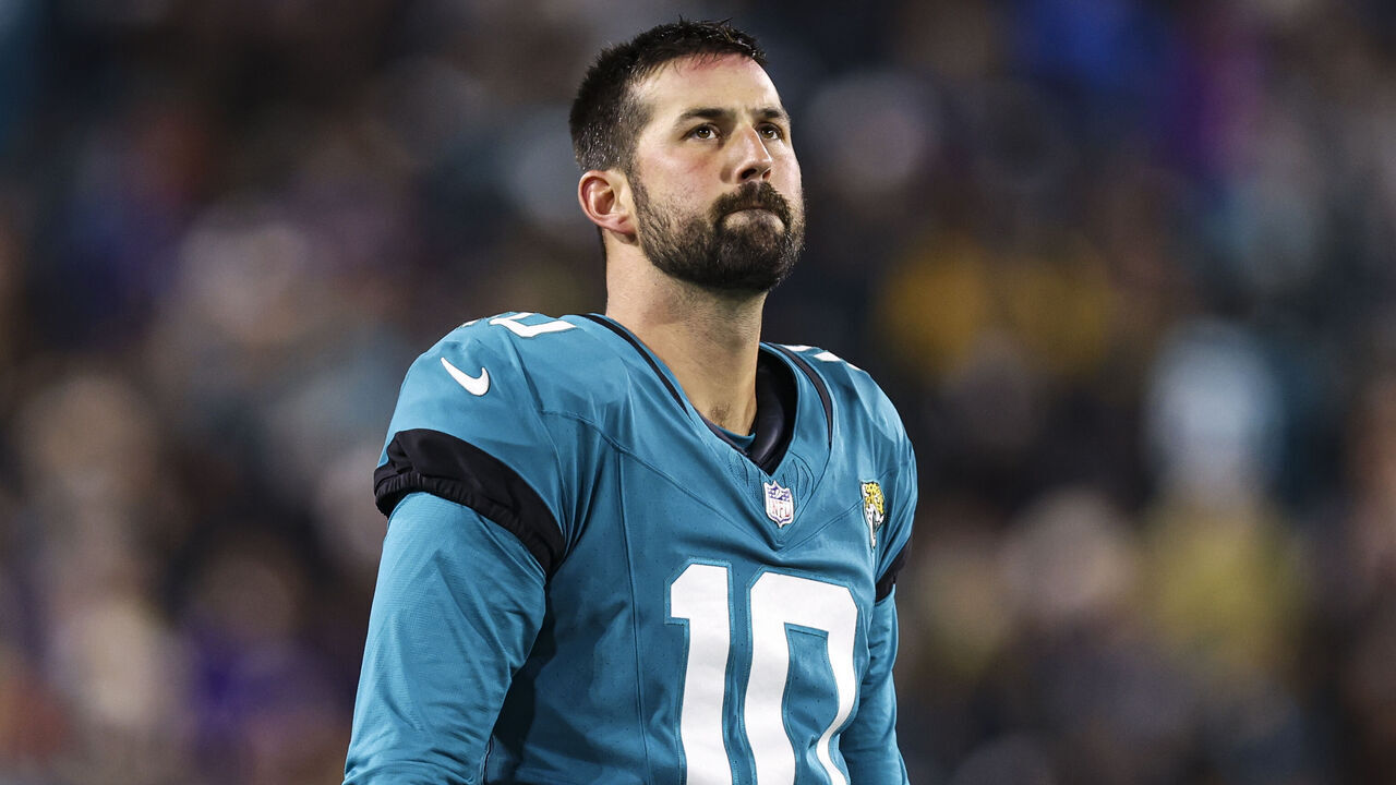 JACKSONVILLE, FL - DECEMBER 17: Brandon McManus #10 of the Jacksonville Jaguars looks on from the field during an NFL football game against the Baltimore Ravens at EverBank Stadium on December 17, 2023 in Jacksonville, Florida.