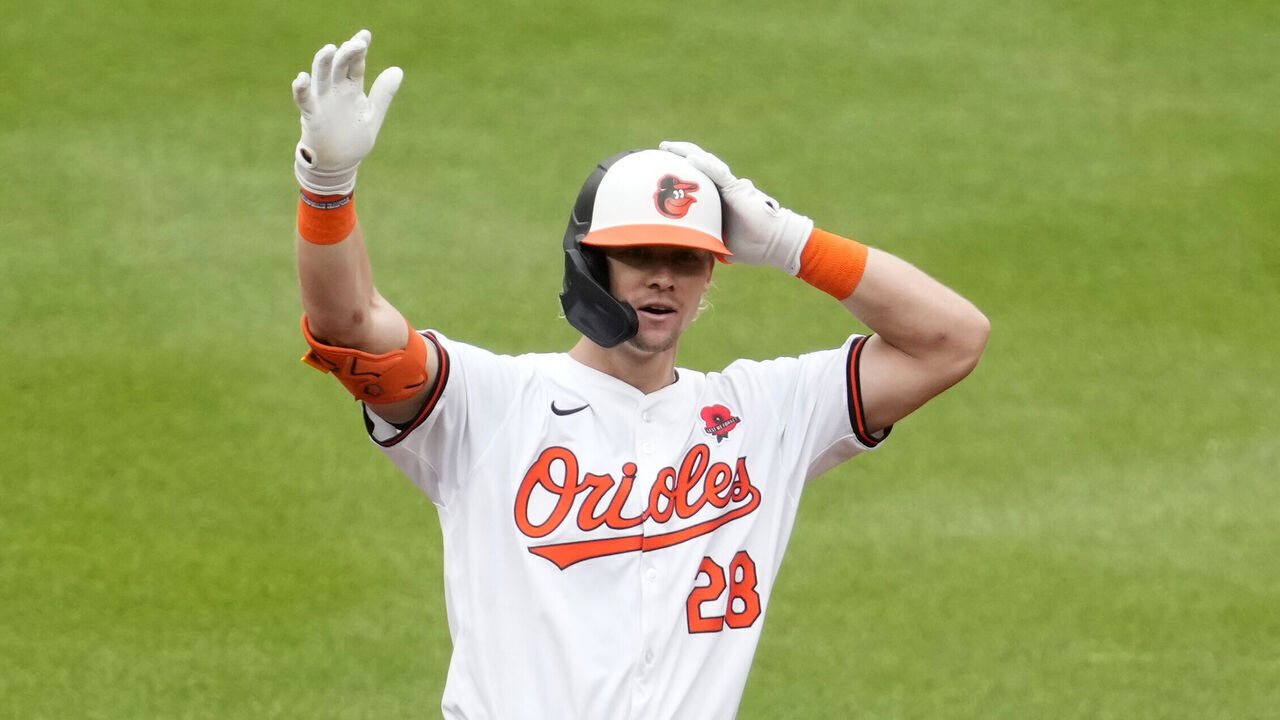 BALTIMORE, MARYLAND - MAY 27: Kyle Stowers #28 of the Baltimore Orioles celebrates a double that scores two runs in the fourth inning during a baseball game against the Boston Red Sox at Oriole Park at Camden Yards on May 27, 2024 in Baltimore, Maryland.