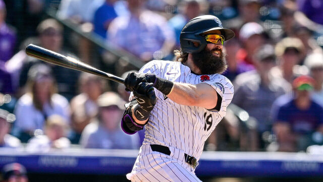 DENVER, COLORADO - MAY 27: Charlie Blackmon #19 of the Colorado Rockies hits a fourth inning three-run home run against the Cleveland Guardians at Coors Field on May 27, 2024 in Denver, Colorado.