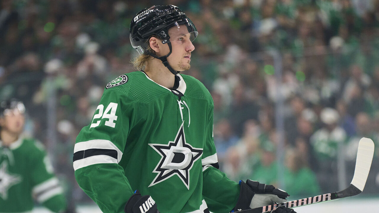 DALLAS, TEXAS - MAY 05: Roope Hintz #24 of the Dallas Stars looks on against the Vegas Golden Knights in Game Seven of the First Round of the 2024 Stanley Cup Playoffs at the American Airlines Center on May 5, 2024 in Dallas, Texas.