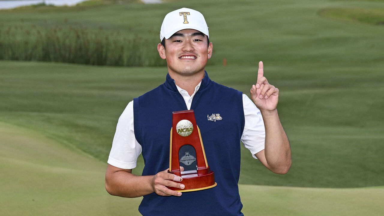 CARLSBAD, CALIFORNIA - MAY 27: Hiroshi Tai of Georgia Tech smiles with the trophy following his one stroke victory during the NCAA D1 Men's Golf Championship on the North Course at the Omni La Costa Resort & Spa on May 27, 2024 in Carlsbad, California.