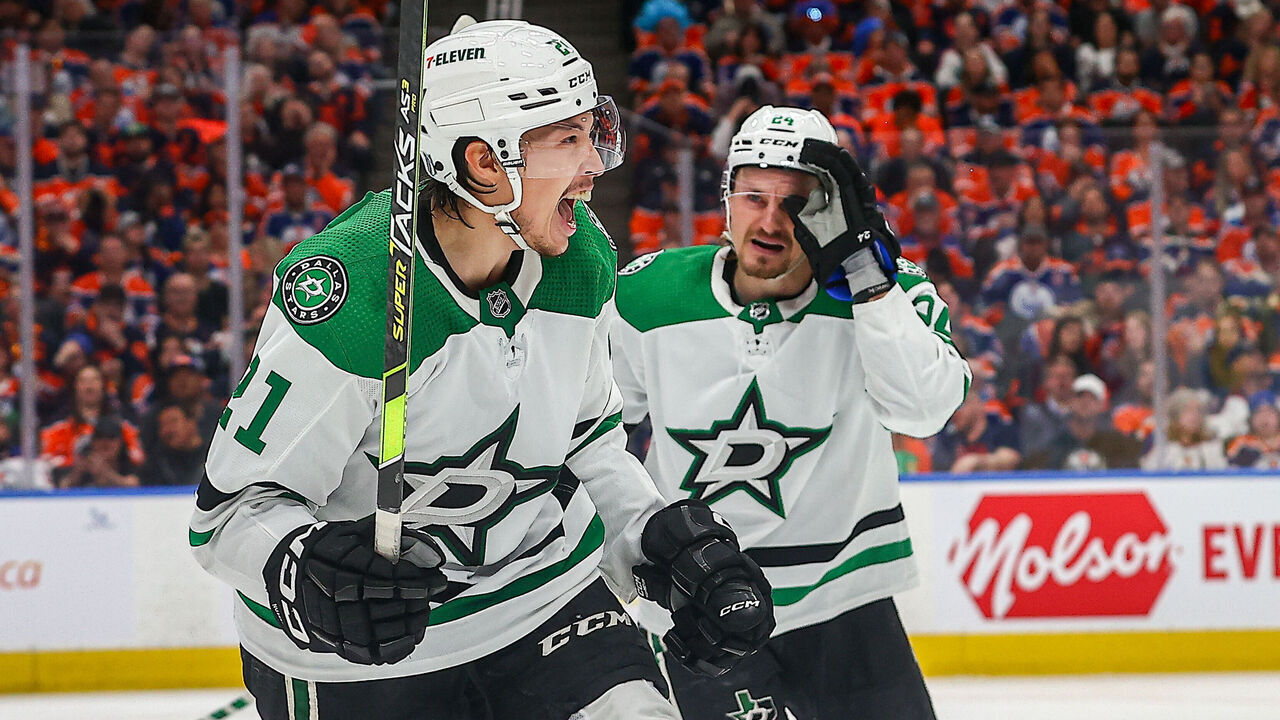 EDMONTON, AB - MAY 27: Dallas Stars Left Wing Jason Robertson (21) celebrates his goal in the second period of game three of the Western Conference Final Round Edmonton Oilers game versus the Dallas Stars on May 27, 2024 at Rogers Place in Edmonton, AB.