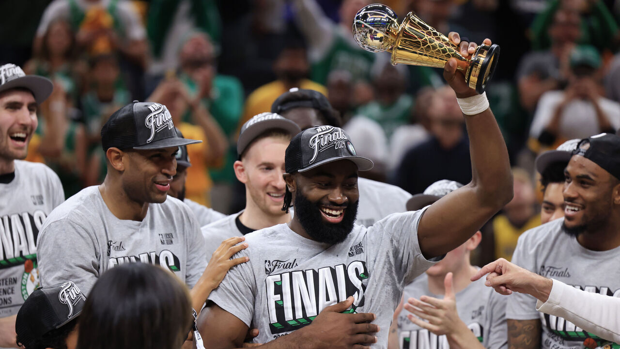 INDIANAPOLIS, INDIANA - MAY 27: Jaylen Brown #7 of the Boston Celtics accepts The Larry Bird Trophy after winning Game Four of the Eastern Conference Finals at Gainbridge Fieldhouse on May 27, 2024 in Indianapolis, Indiana.