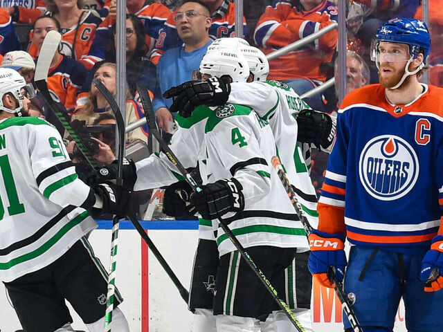 EDMONTON, CANADA - MAY 27: Jason Robertson #21 of the Dallas Stars celebrates his first goal of the second period against the Edmonton Oilers with his teammates in Game Three of the Western Conference Final of the 2024 Stanley Cup Playoffs at Rogers Place on May 27, 2024, in Edmonton, Alberta, Canada.
