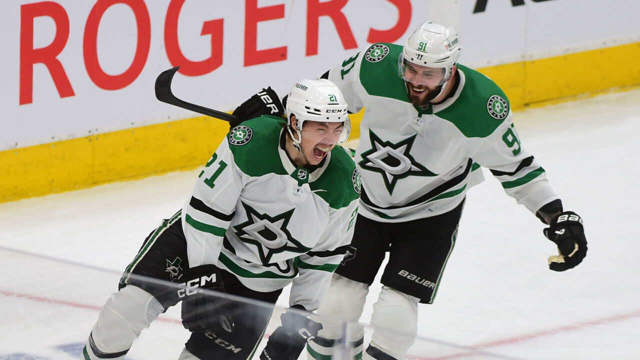 EDMONTON, CANADA - MAY 27: Jason Robertson #21 of the Dallas Stars celebrates after his third goal with Tyler Seguin #91 of the Dallas Stars during the third period in Game Three of the Western Conference Final of the 2024 Stanley Cup Playoffs at Rogers Place on May 27, 2024 in Edmonton, Alberta, Canada.