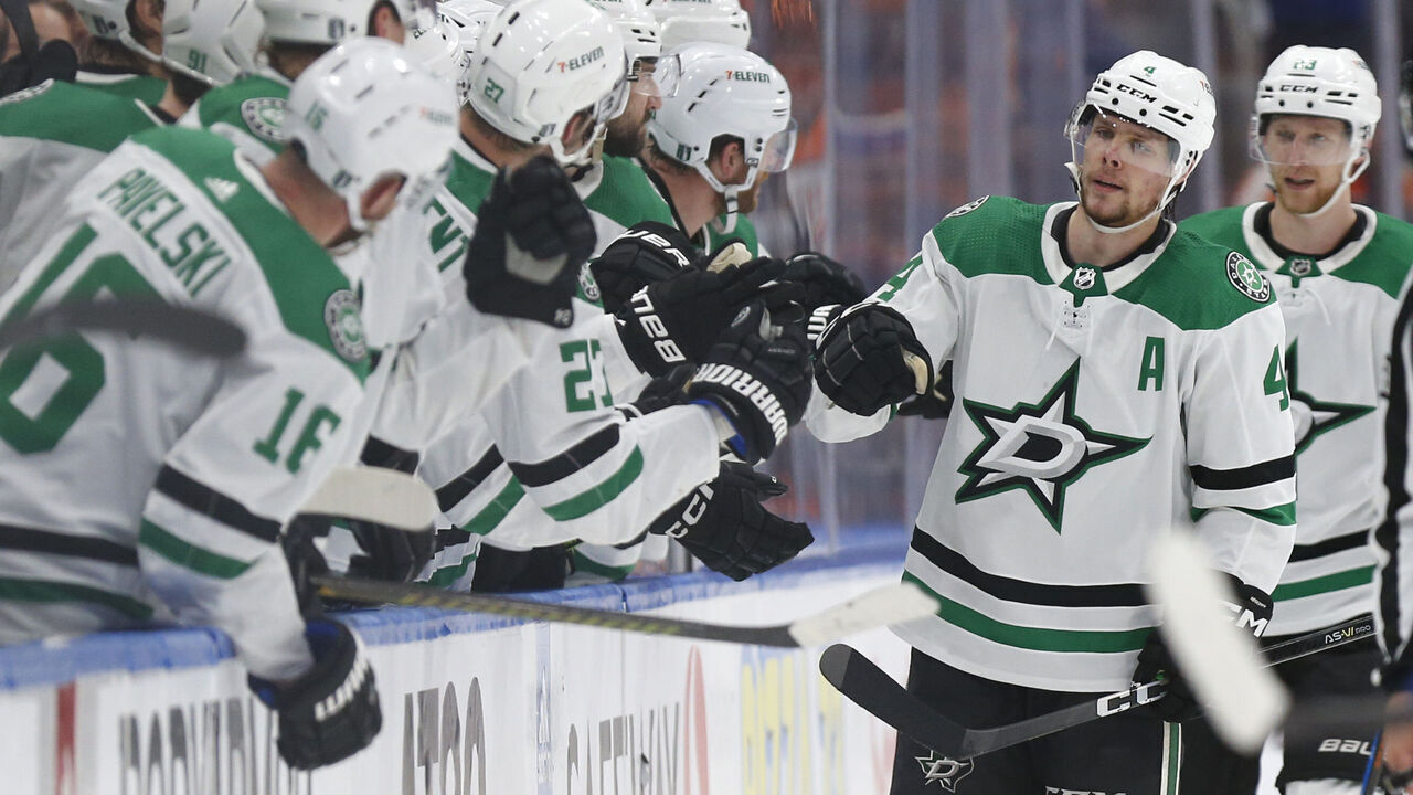 EDMONTON, CANADA - MAY 27: Miro Heiskanen #4 of the Dallas Stars celebrates with teammates after his empty net goal during the third period in Game Three of the Western Conference Final of the 2024 Stanley Cup Playoffs at Rogers Place on May 27, 2024 in Edmonton, Alberta, Canada.