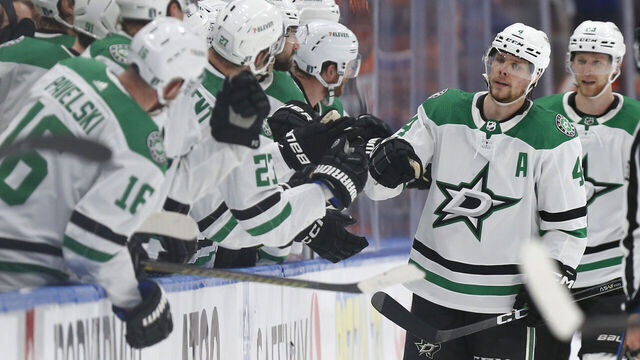 EDMONTON, CANADA - MAY 27: Miro Heiskanen #4 of the Dallas Stars celebrates with teammates after his empty net goal during the third period in Game Three of the Western Conference Final of the 2024 Stanley Cup Playoffs at Rogers Place on May 27, 2024 in Edmonton, Alberta, Canada.
