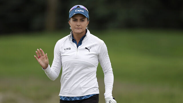 JERSEY CITY, NEW JERSEY - MAY 17: Lexi Thompson of the United States acknowledges the crowd after a putt on the 12th green during the second round of the Mizuho Americas Open at Liberty National Golf Club on May 17, 2024 in Jersey City, New Jersey.