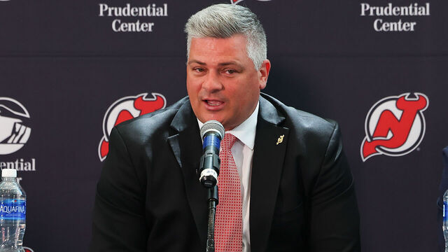 NEWARK, NJ - MAY 28: Sheldon Keefe during his introduction as New Jersey Devils head coach at the Prudential Center on May 28, 2024 in Newark, New Jersey.