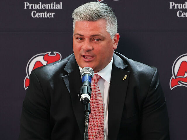NEWARK, NJ - MAY 28: Sheldon Keefe during his introduction as New Jersey Devils head coach at the Prudential Center on May 28, 2024 in Newark, New Jersey.