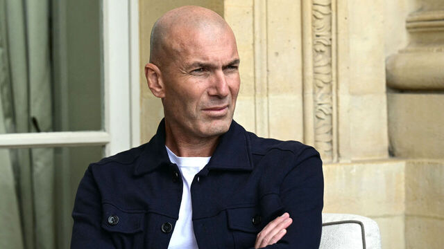 Former football player for France's national team, Zinedine Zidane, speaks to journalists as he attends the gala dinner marking the 15th anniversary of the Diomede Academy, at the Hotel Crillon in Paris, on May 27, 2024.