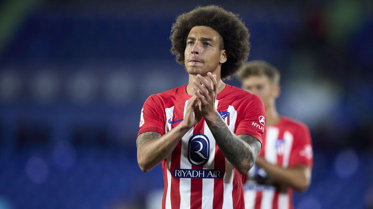 GETAFE, SPAIN - MAY 15: Axel Witsel of Atletico de Madrid acknowledges the fans after their sides victory during the LaLiga EA Sports match between Getafe CF and Atletico Madrid at Coliseum Alfonso Perez on May 15, 2024 in Getafe, Spain.