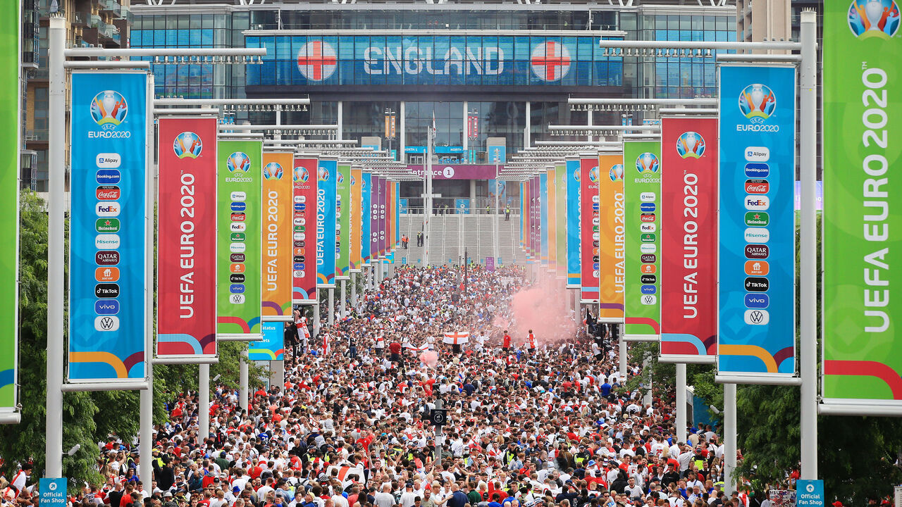 LONDON, ENGLAND - JULY 11: A general view of Wembley Way as thousands of fans mingle before the UEFA Euro 2020 Championship Final between Italy and England at Wembley Stadium on July 11, 2021 in London, United Kingdom.