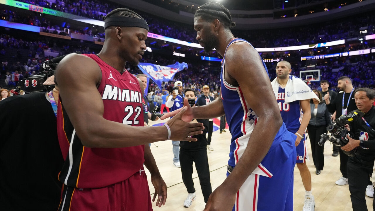 PHILADELPHIA, PA - APRIL 17: Joel Embiid #21 of the Philadelphia 76ers and Jimmy Butler #22 of the Miami Heat embrace after the game during the 2024 NBA Play-In Tournament on April 17, 2024 at the Wells Fargo Center in Philadelphia, Pennsylvania NOTE TO USER: User expressly acknowledges and agrees that, by downloading and/or using this Photograph, user is consenting to the terms and conditions of the Getty Images License Agreement. Mandatory Copyright Notice: Copyright 2024 NBAE
