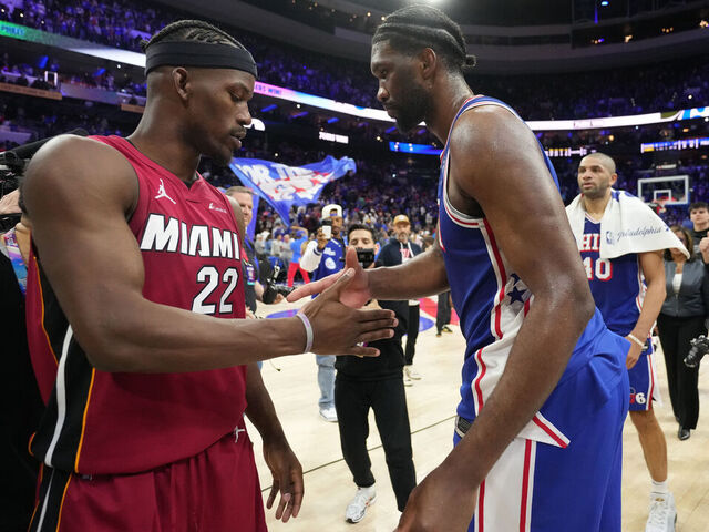 PHILADELPHIA, PA - APRIL 17: Joel Embiid #21 of the Philadelphia 76ers and Jimmy Butler #22 of the Miami Heat embrace after the game during the 2024 NBA Play-In Tournament on April 17, 2024 at the Wells Fargo Center in Philadelphia, Pennsylvania NOTE TO USER: User expressly acknowledges and agrees that, by downloading and/or using this Photograph, user is consenting to the terms and conditions of the Getty Images License Agreement. Mandatory Copyright Notice: Copyright 2024 NBAE