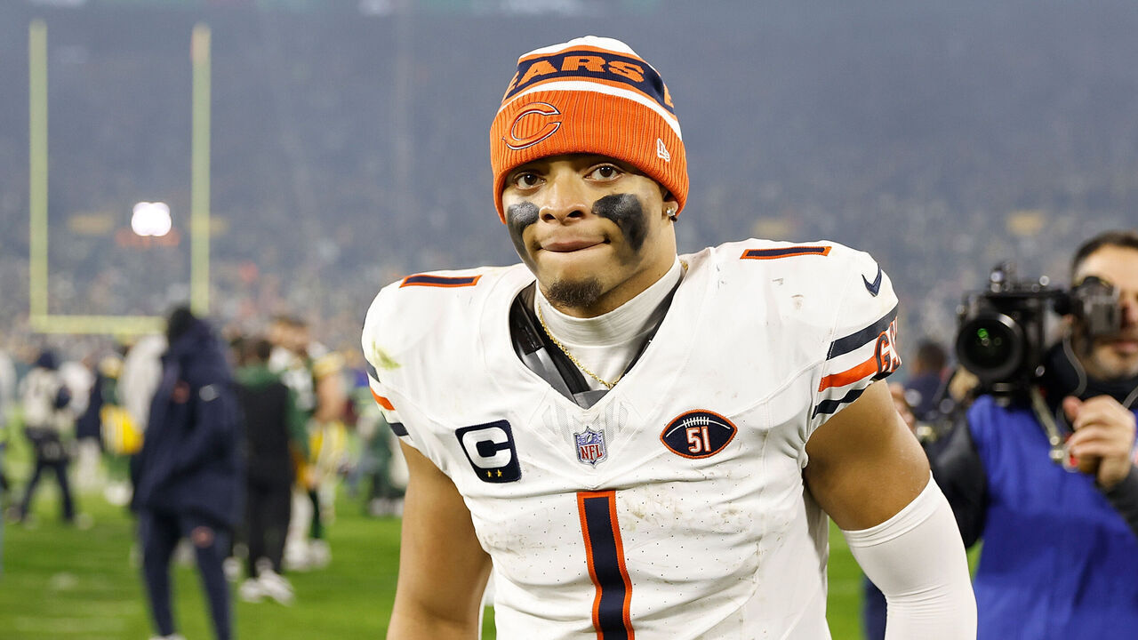 GREEN BAY, WISCONSIN - JANUARY 07: Justin Fields #1 of the Chicago Bears looks on after the game against the Green Bay Packers at Lambeau Field on January 07, 2024 in Green Bay, Wisconsin.