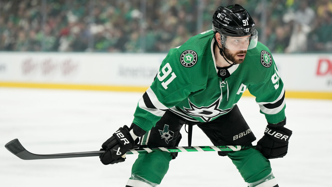 DALLAS, TEXAS - MAY 15: Tyler Seguin #91 of the Dallas Stars lines up against the Colorado Avalanche for the face off during the first period in Game Five of the Second Round of the 2024 Stanley Cup Playoffs at American Airlines Center on May 15, 2024 in Dallas, Texas.