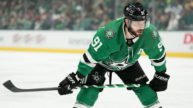 DALLAS, TEXAS - MAY 15: Tyler Seguin #91 of the Dallas Stars lines up against the Colorado Avalanche for the face off during the first period in Game Five of the Second Round of the 2024 Stanley Cup Playoffs at American Airlines Center on May 15, 2024 in Dallas, Texas.
