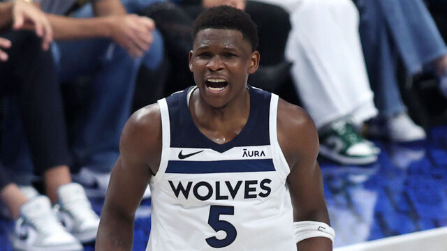 DALLAS, TEXAS - MAY 28: Anthony Edwards #5 of the Minnesota Timberwolves reacts during the second half in Game Four of the Western Conference Finals at American Airlines Center on May 28, 2024 in Dallas, Texas.