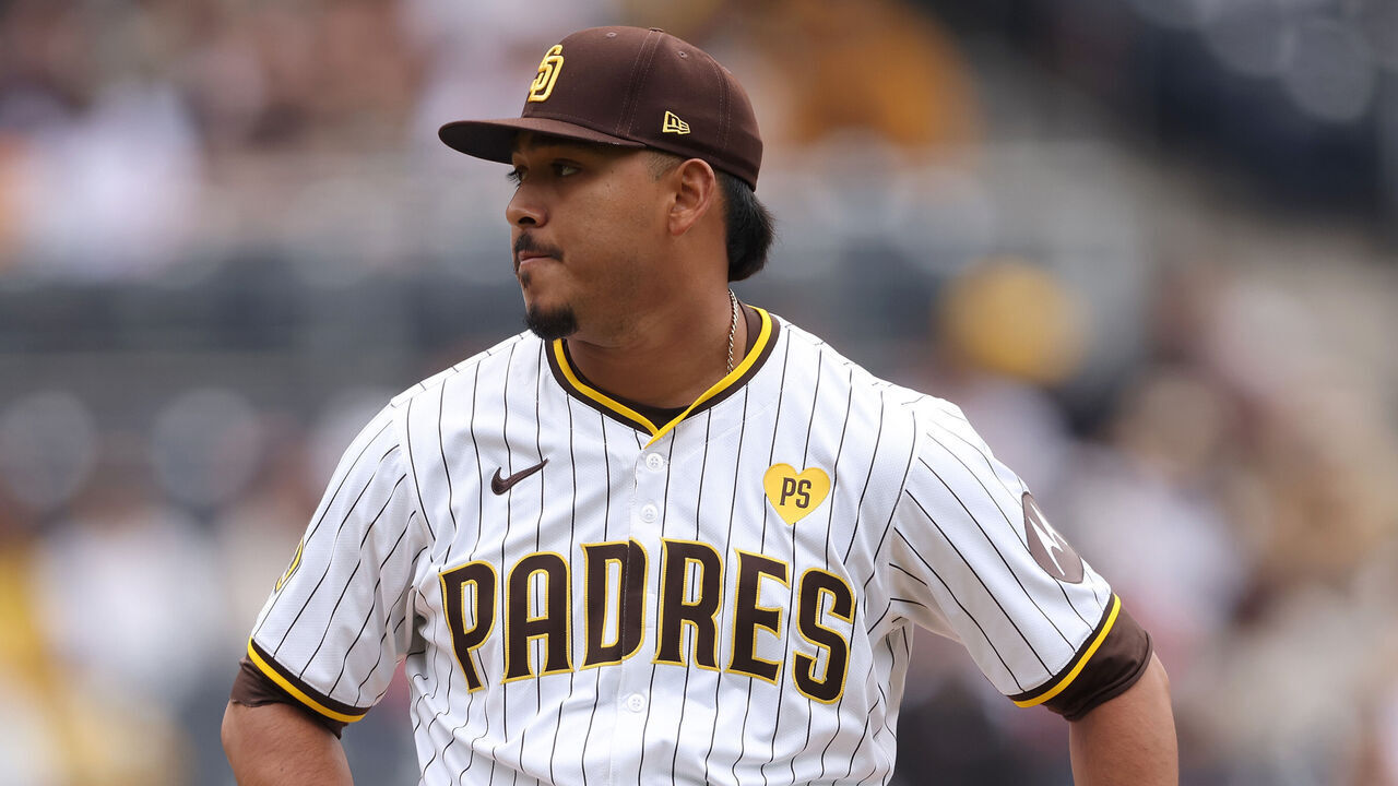 SAN DIEGO, CALIFORNIA - MAY 15: Jeremiah Estrada #56 of the San Diego Padres reacts to allowing a two run homerun to Jordan Beck #27 of the Colorado Rockies during the sixth inning of a game at Petco Park on May 15, 2024 in San Diego, California.