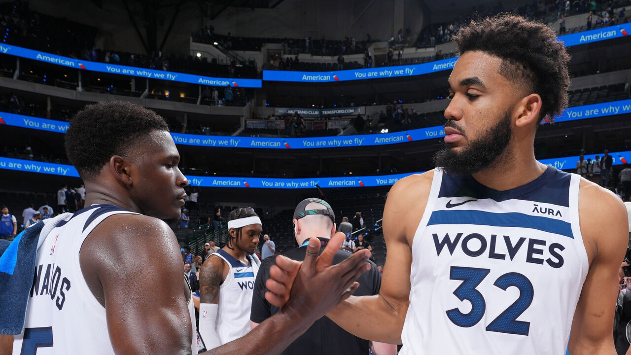 DALLAS, TX - MAY 28: Anthony Edwards #5 high fives Karl-Anthony Towns #32 of the Minnesota Timberwolves after the game against the Denver Nuggets during Game 3 of the Western Conference Finals of the 2024 NBA Playoffs on May 28, 2024 at the American Airlines Center in Dallas, Texas. Mandatory Copyright Notice: Copyright 2024 NBAE