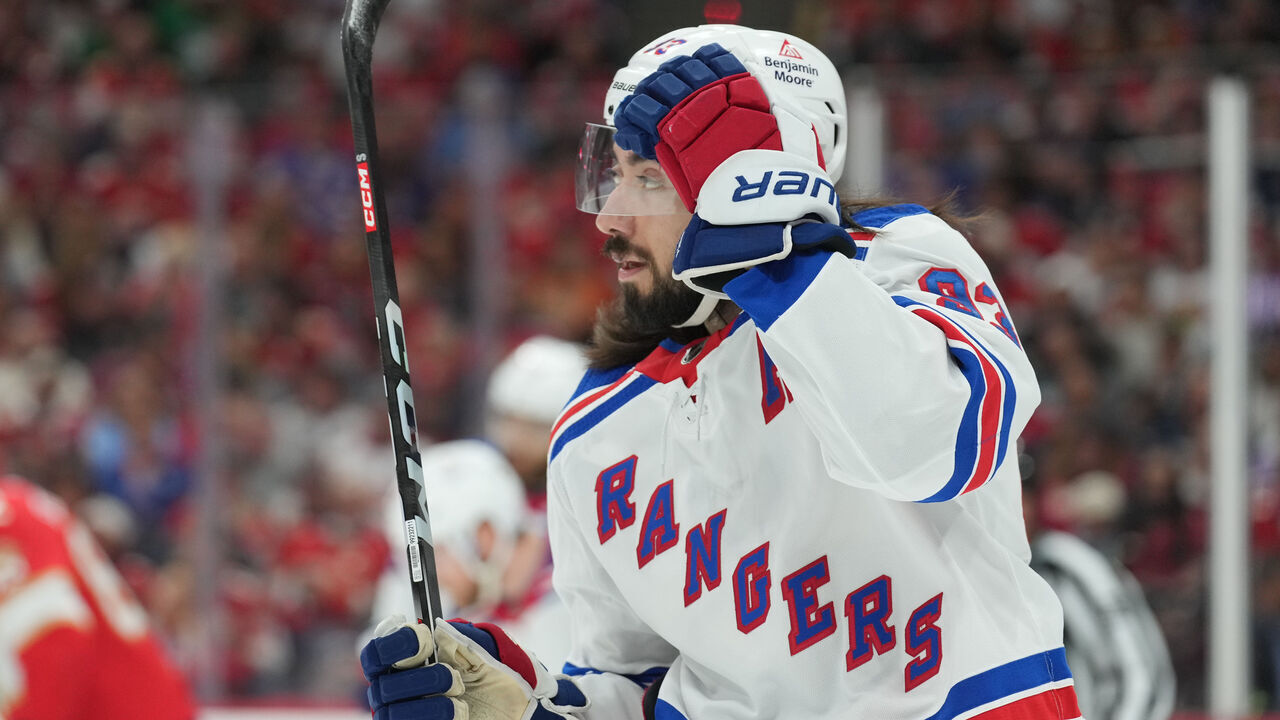 SUNRISE, FL - MAY 28: New York Rangers center Mika Zibanejad (93) checks his helmet in the first period during game four of the Eastern Conference Finals between the New York Rangers and the Florida Panthers on Tuesday, May 28, 2024 at Amerant Bank Arena in Sunrise, Fla.