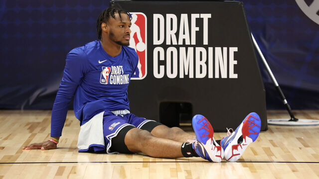 CHICAGO, IL - MAY 15: Bronny James warms up during the 2024 NBA Combine on May 15, 2024 at Wintrust Arena in Chicago, Illinois. Mandatory Copyright Notice: Copyright 2024 NBAE