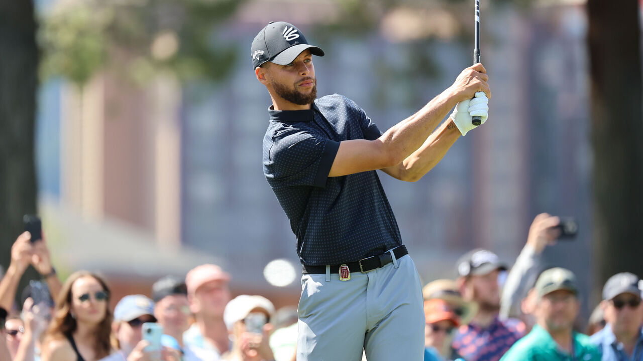 STATELINE, NEVADA - JULY 16: Stephen Curry of the NBA Golden State Warriors hits his tee on the 3rd hole on Day Three of the 2023 American Century Championship at Edgewood Tahoe Golf Course on July 16, 2023 in Stateline, Nevada.