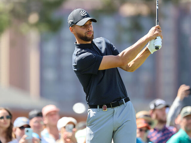 STATELINE, NEVADA - JULY 16: Stephen Curry of the NBA Golden State Warriors hits his tee on the 3rd hole on Day Three of the 2023 American Century Championship at Edgewood Tahoe Golf Course on July 16, 2023 in Stateline, Nevada.