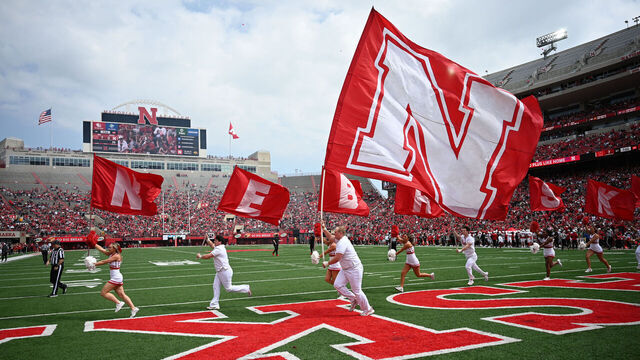 LINCOLN, NEBRASKA - APRIL 27: The Nebraska Cornhuskers cheerleaders celebrate a touchdown at the Nebraska Spring Football Game at Memorial Stadium on April 27, 2024 in Lincoln, Nebraska.