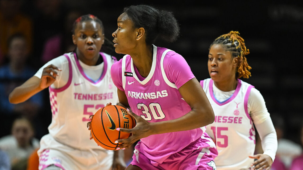 KNOXVILLE, TN - FEBRUARY 12: Arkansas Razorbacks forward Maryam Dauda (30) controls the ball during the women's college basketball game between the Tennessee Lady Vols and the Arkansas Razorbacks on February 12, 2024, at Food City Center in Knoxville, TN.
