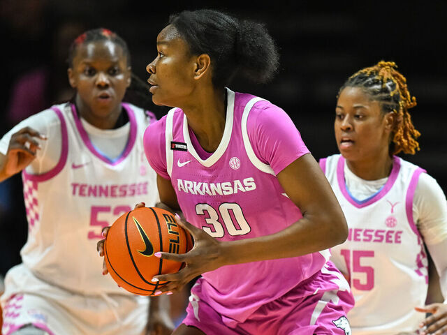 KNOXVILLE, TN - FEBRUARY 12: Arkansas Razorbacks forward Maryam Dauda (30) controls the ball during the women's college basketball game between the Tennessee Lady Vols and the Arkansas Razorbacks on February 12, 2024, at Food City Center in Knoxville, TN.