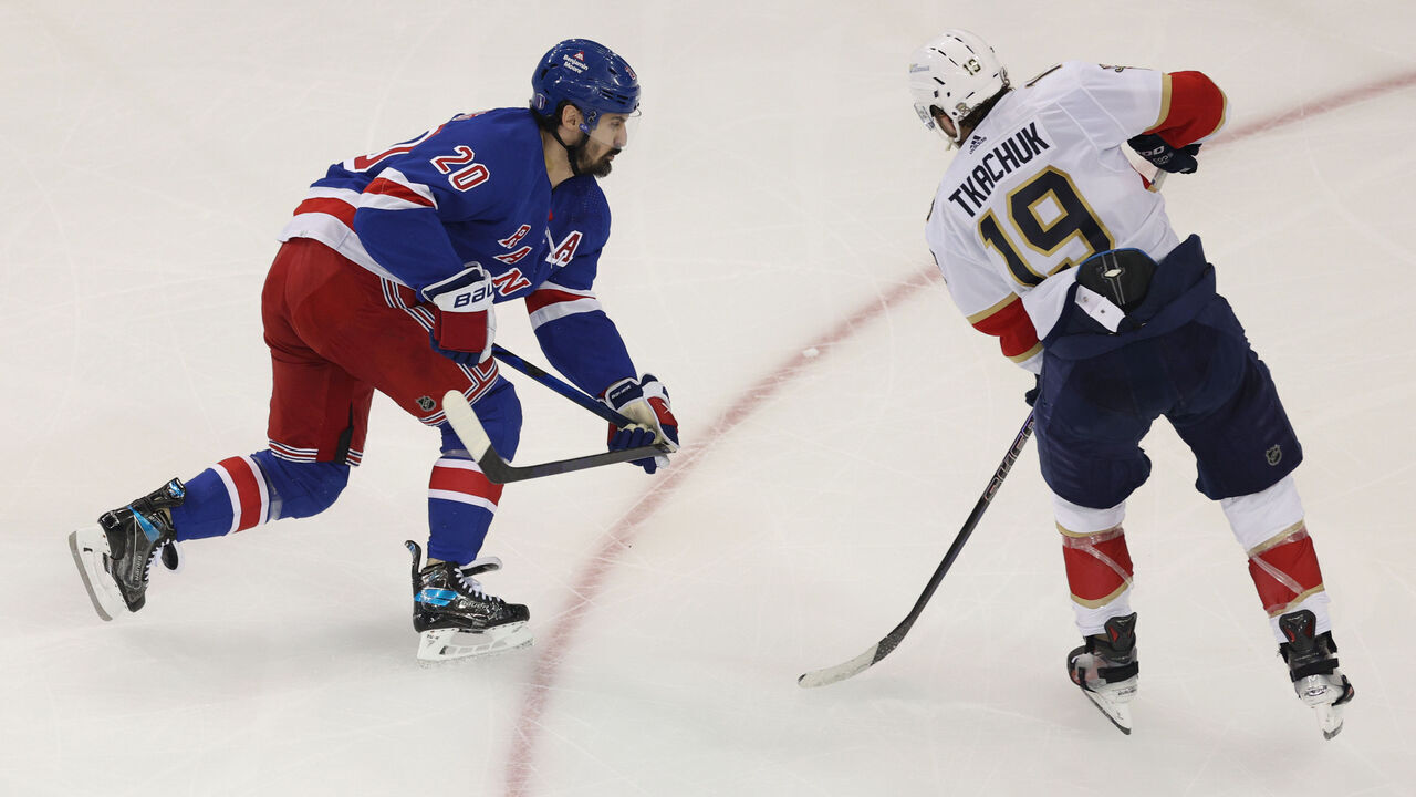 NEW YORK, NEW YORK - MAY 22: Chris Kreider #20 of the New York Rangers breaks his stick against Matthew Tkachuk #19 of the Florida Panthers during the second period in Game One of the Eastern Conference Final of the 2024 Stanley Cup Playoffs at Madison Square Garden on May 22, 2024 in New York City.