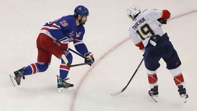 NEW YORK, NEW YORK - MAY 22: Chris Kreider #20 of the New York Rangers breaks his stick against Matthew Tkachuk #19 of the Florida Panthers during the second period in Game One of the Eastern Conference Final of the 2024 Stanley Cup Playoffs at Madison Square Garden on May 22, 2024 in New York City.