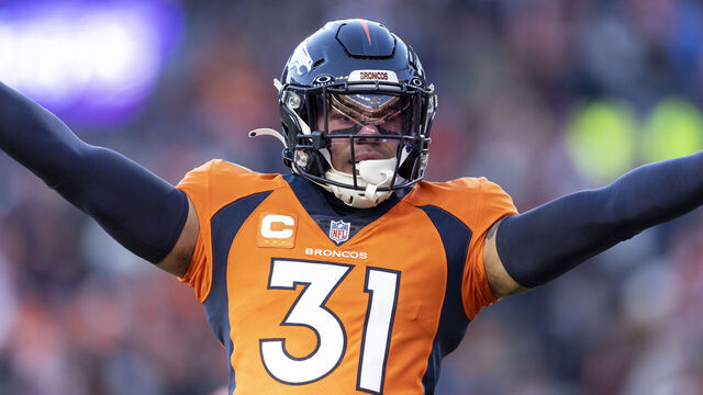 DENVER, COLORADO - NOVEMBER 26: Justin Simmons #31 of the Denver Broncos reacts during an NFL football game between the Denver Broncos and the Cleveland Browns at Empower Field At Mile High on November 26, 2023 in Denver, Colorado.