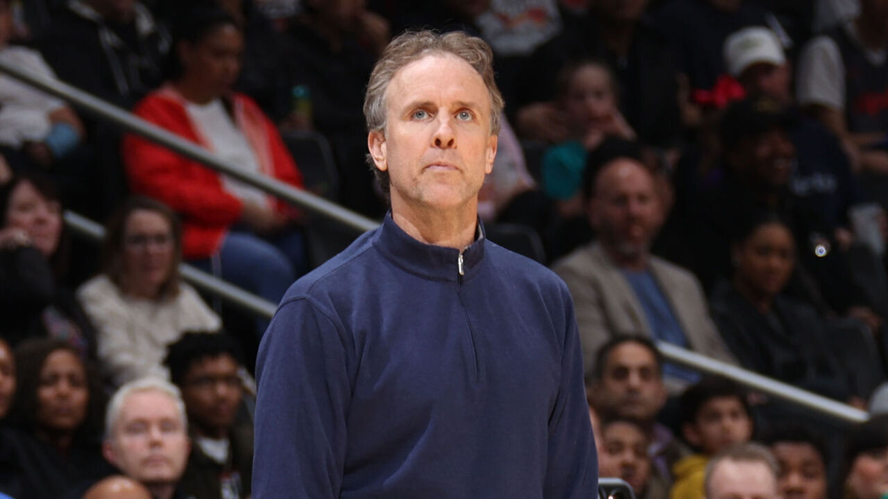 WASHINGTON, DC - APRIL 5: Interim Head Coach Brian Keefe of the Washington Wizards looks on during the game against the Portland Trail Blazers on April 5, 2024 at Capital One Arena in Washington, DC. Mandatory Copyright Notice: Copyright 2024 NBAE