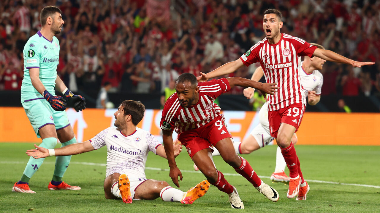 ATHENS, GREECE - MAY 29: Ayoub El Kaabi of Olympiacos celebrates scoring a goal to make the score 1-0 during the UEFA Europa Conference League 2023/24 final match between Olympiacos FC and ACF Fiorentina at AEK Arena on May 29, 2024 in Athens, Greece.