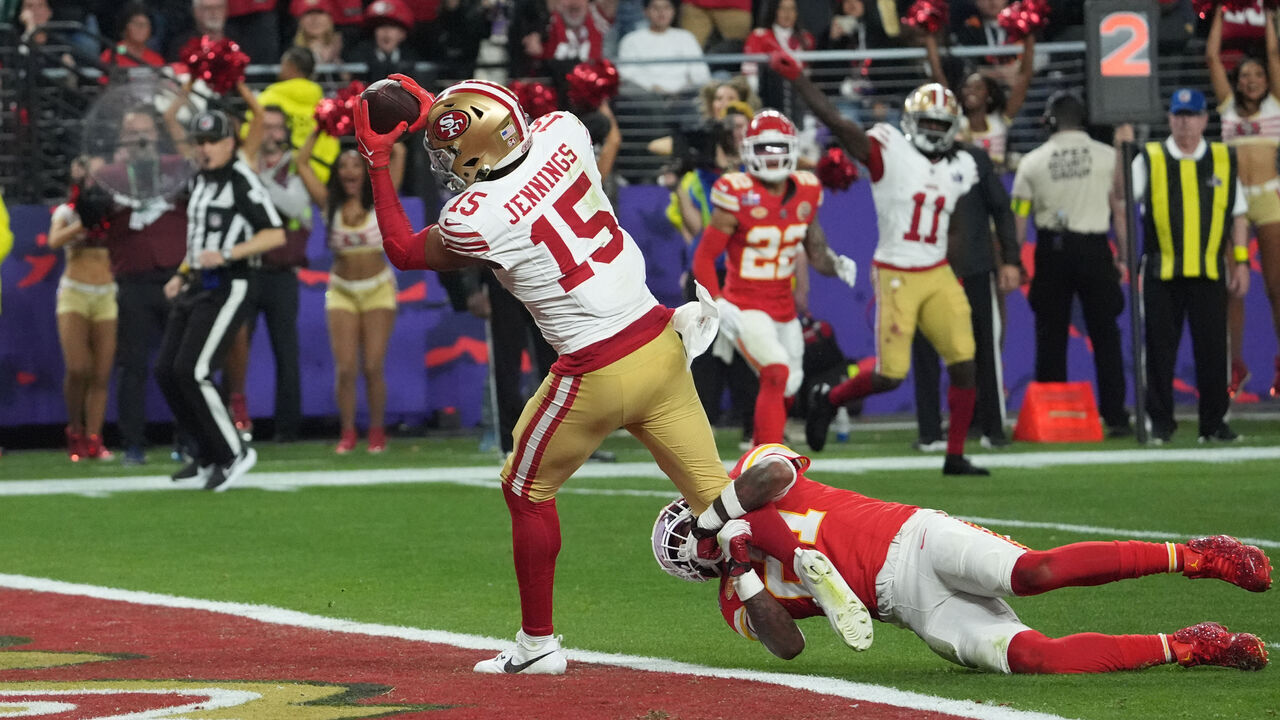 San Francisco 49ers' wide reciever #15 Jauan Jennings scores a touchdown during Super Bowl LVIII between the Kansas City Chiefs and the San Francisco 49ers at Allegiant Stadium in Las Vegas, Nevada, February 11, 2024.