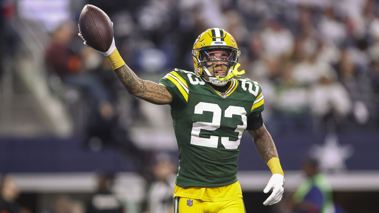 ARLINGTON, TX - JANUARY 14: Jaire Alexander #23 of the Green Bay Packers celebrates during an NFL wild-card playoff football game against the Dallas Cowboys at AT&T Stadium on January 14, 2024 in Arlington, Texas.