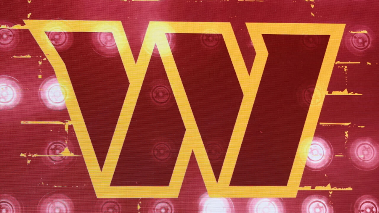 KANSAS CITY, MO - APRIL 27: A view of the Washing Commanders logo in the first round of the NFL Draft on April 27, 2023 at Union Station in Kansas City, MO.