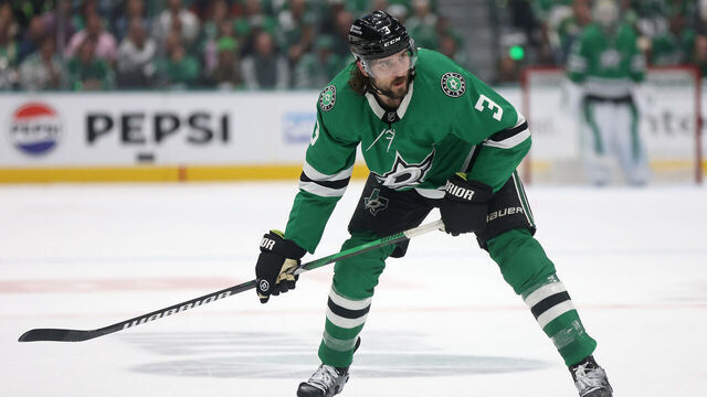 DALLAS, TEXAS - MAY 25: Chris Tanev #3 of the Dallas Stars fires a shot against the Edmonton Oilers in the first period during Game Two of the Western Conference Final of the 2024 Stanley Cup Playoffs at American Airlines Center on May 25, 2024 in Dallas, Texas.