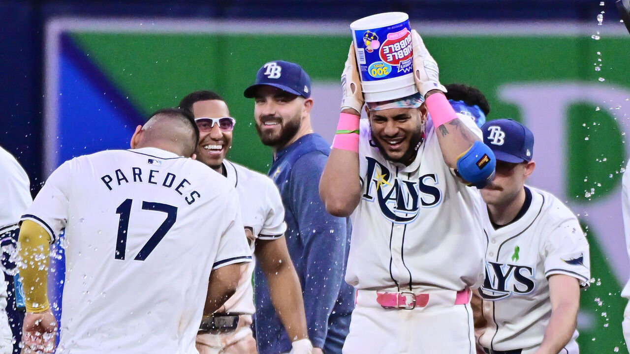 ST PETERSBURG, FLORIDA - MAY 29: Jose Siri #22 of the Tampa Bay Rays reacts after hitting an RBI single walk-off to defeat the Oakland Athletics 4-3 at Tropicana Field on May 29, 2024 in St Petersburg, Florida.