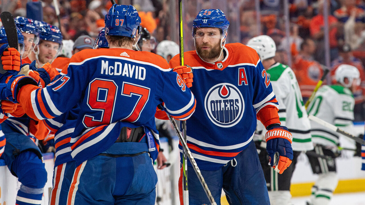 EDMONTON, CANADA - MAY 29: Leon Draisaitl #29 and Connor McDavi #97 of the Edmonton Oilers encourage each other in the third period against the Dallas Stars in Game Four of the Western Conference Final of the 2024 Stanley Cup Playoffs at Rogers Place on May 29, 2024, in Edmonton, Alberta, Canada.