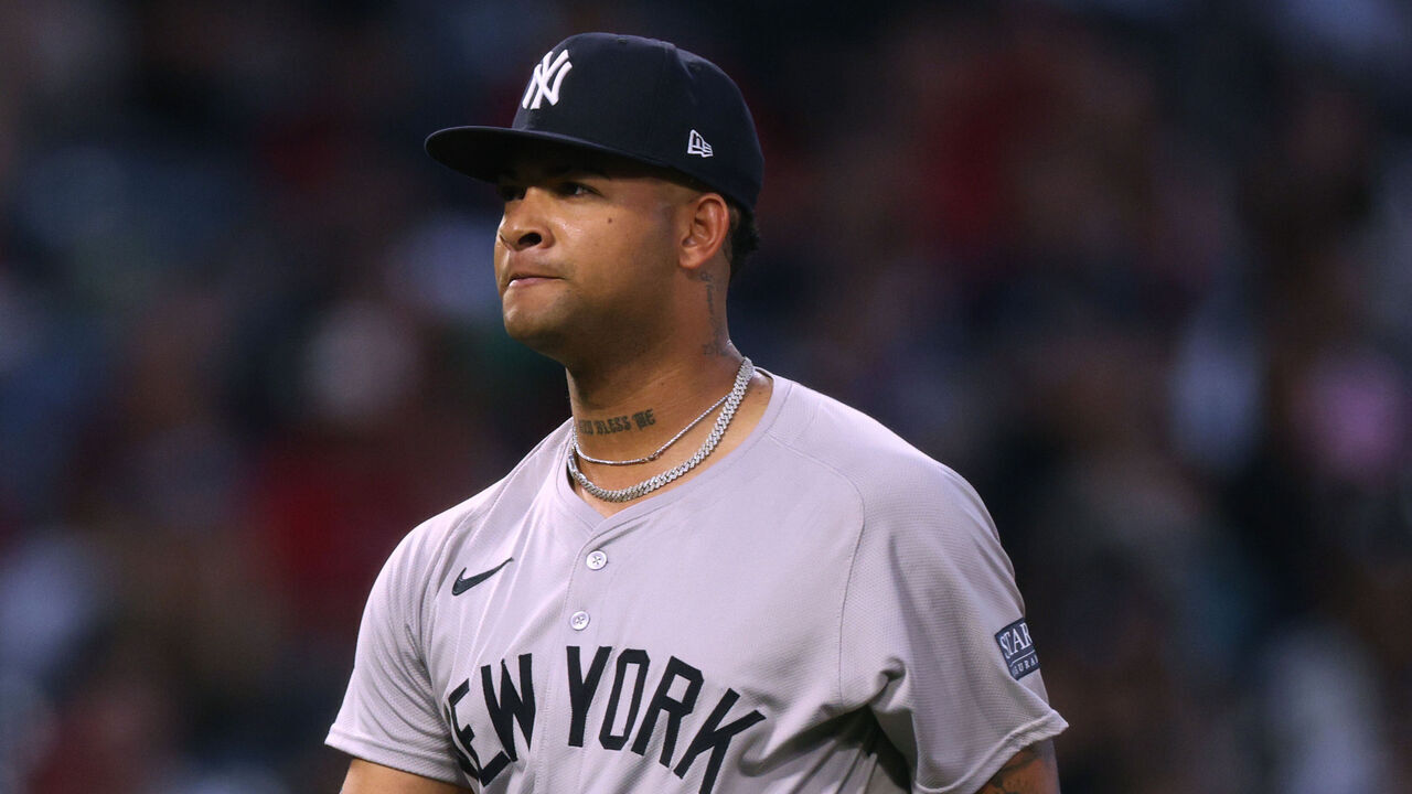 ANAHEIM, CALIFORNIA - MAY 29: Luis Gil #81 of the New York Yankees reacts as he leaves the mound after the third Los Angeles Angels out to end the fifth inning at Angel Stadium of Anaheim on May 29, 2024 in Anaheim, California.