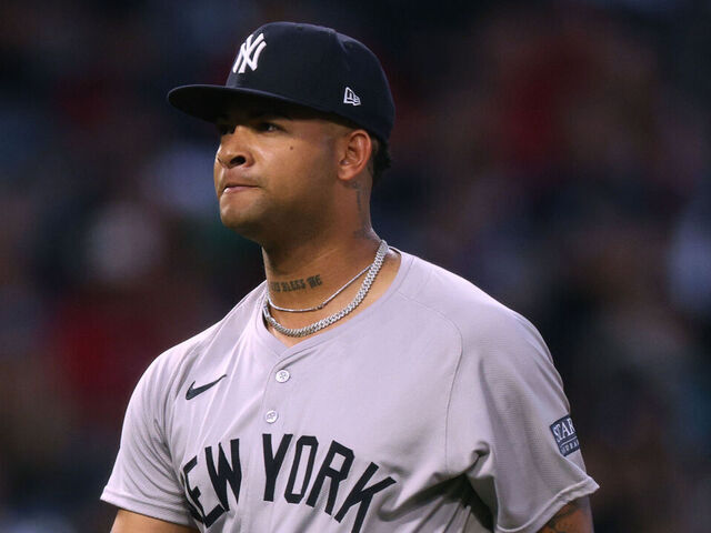 ANAHEIM, CALIFORNIA - MAY 29: Luis Gil #81 of the New York Yankees reacts as he leaves the mound after the third Los Angeles Angels out to end the fifth inning at Angel Stadium of Anaheim on May 29, 2024 in Anaheim, California.